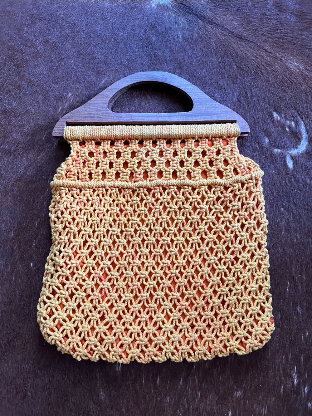 Vintage Burnt Orange Crochet Bag With a Wooden Handle